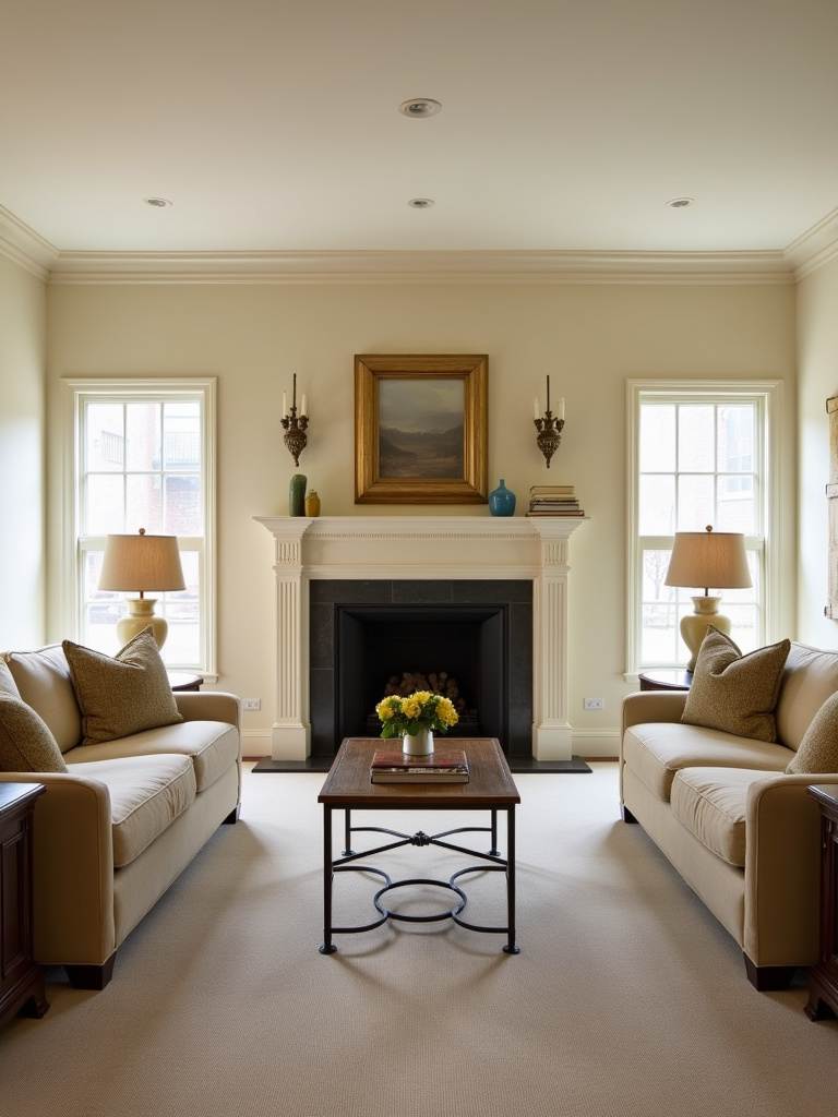 Formal traditional living room with a symmetrical layout featuring matching sofas, lamps, and a central fireplace for a classic aesthetic.