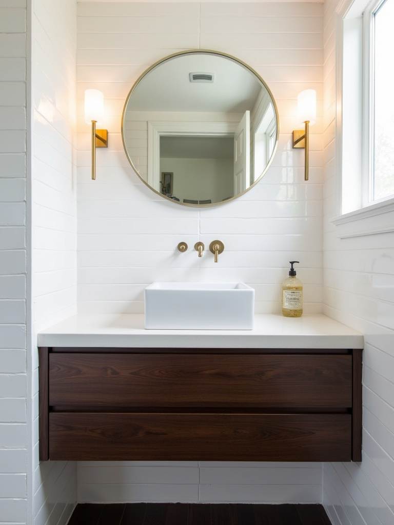 Small modern bathroom featuring two brass sconces flanking a round mirror above the dark wood floating vanity, providing balanced and flattering vanity lighting in the white tile and dark wood space.