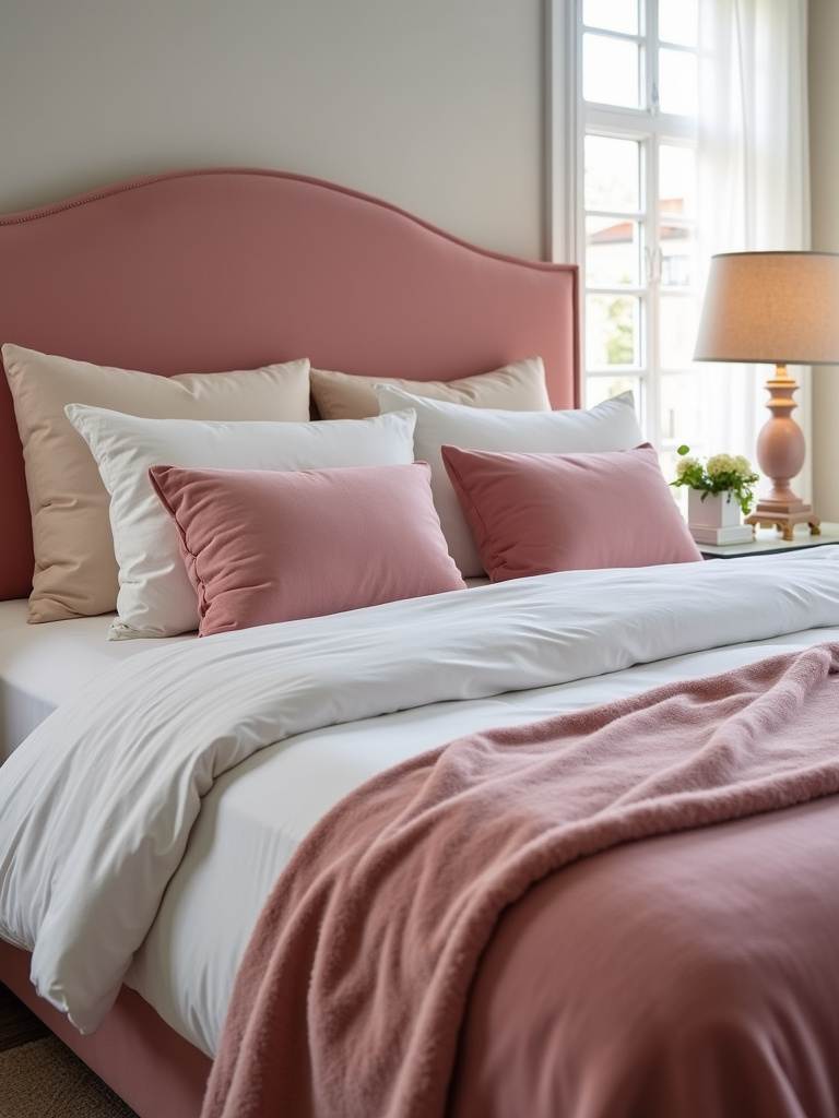 King-size bed with blush pink velvet headboard and velvet throw pillows.