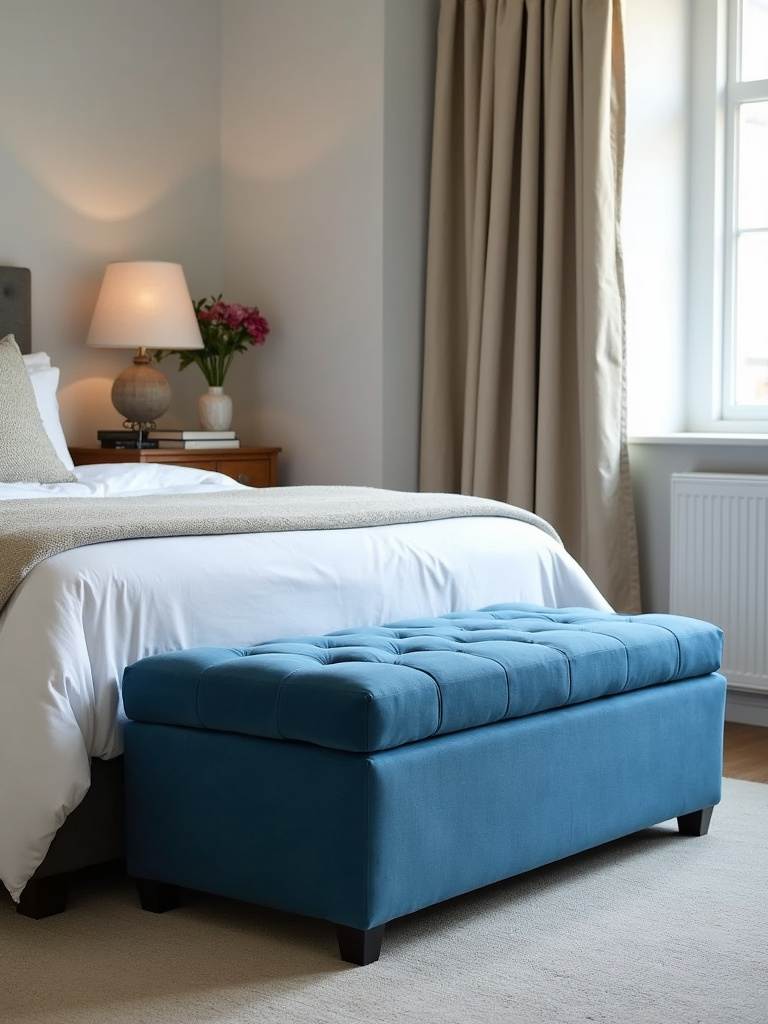 Bedroom seating area with a versatile blue ottoman placed at the foot of the bed, upholstered in soft blue fabric, serving as both seating and storage in a cozy and functional bedroom.