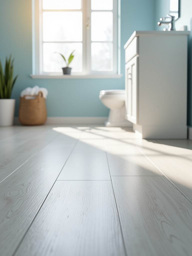 Bathroom with new light gray vinyl plank flooring, an affordable and waterproof flooring update.