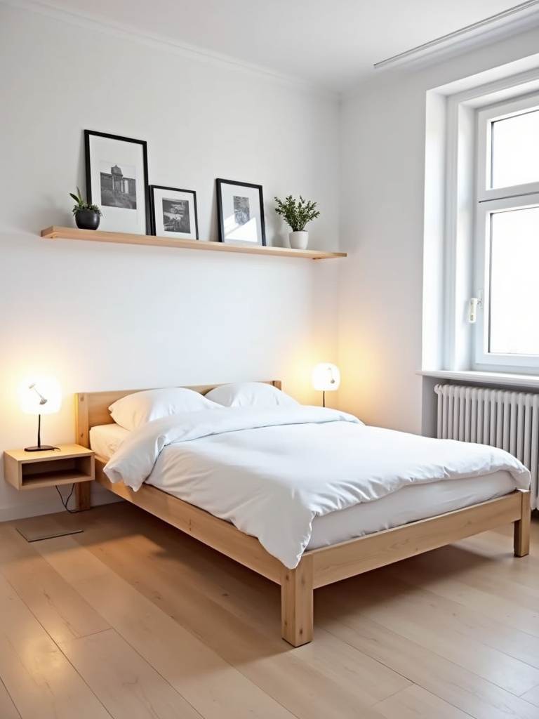 Small Scandinavian bedroom with floating light wood nightstands and shelves, maximizing floor space.