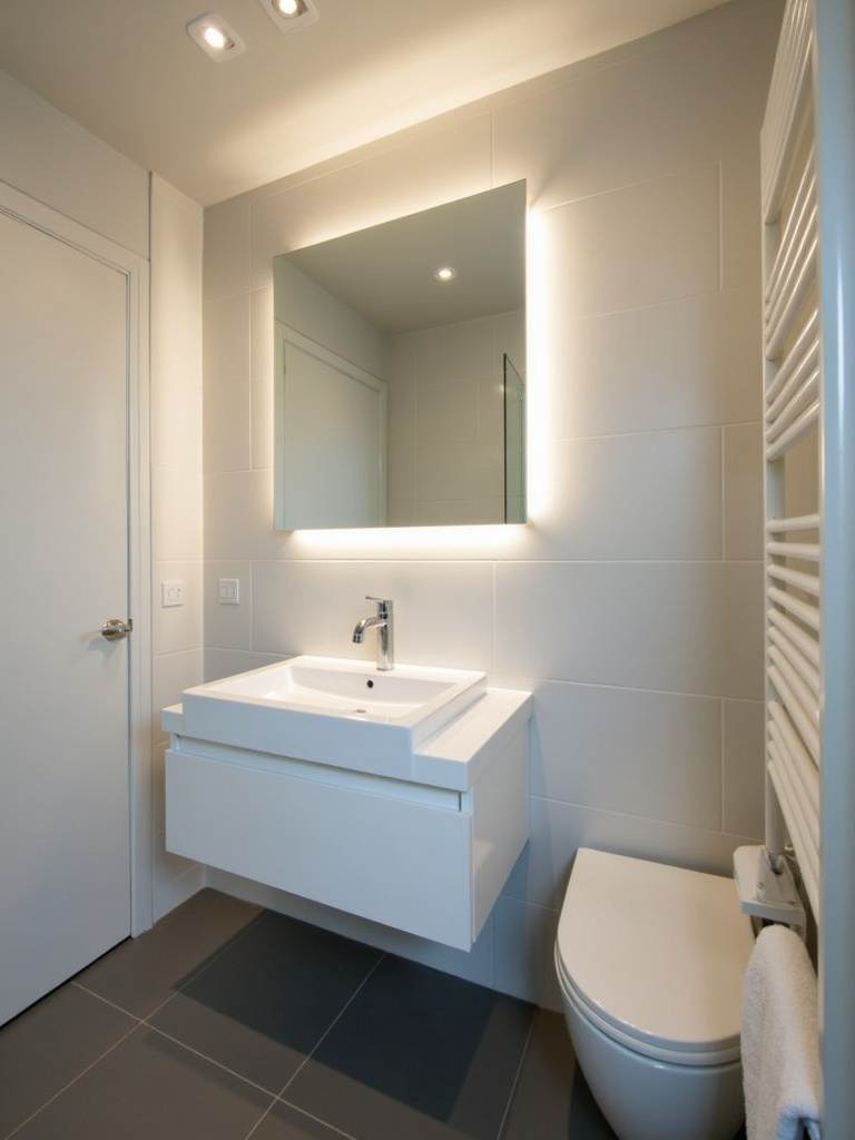 Small contemporary bathroom with a wall-mounted white vanity and faucet, creating a sense of openness and highlighting the minimalist design with light grey walls and dark grey floor tiles.
