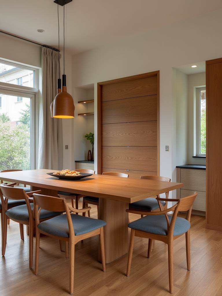 “Dining room with warm wood elements, including a wooden table, chairs, hardwood flooring, and wood paneled accent wall.”