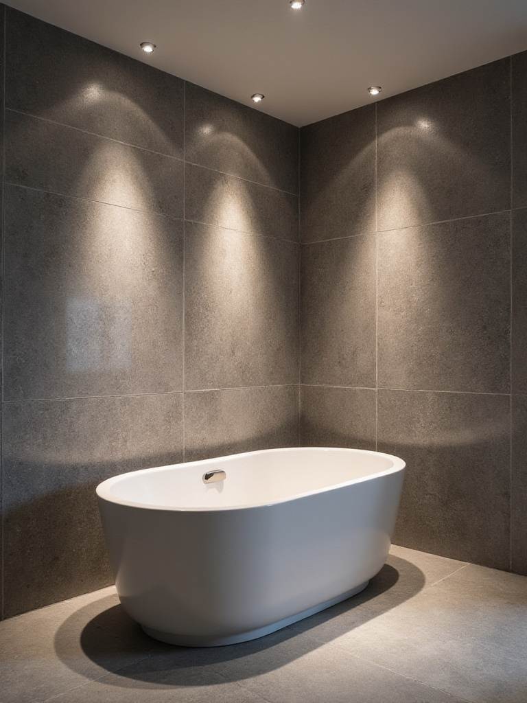 Modern bathroom with spotlights highlighting textured stone wall and freestanding bathtub.