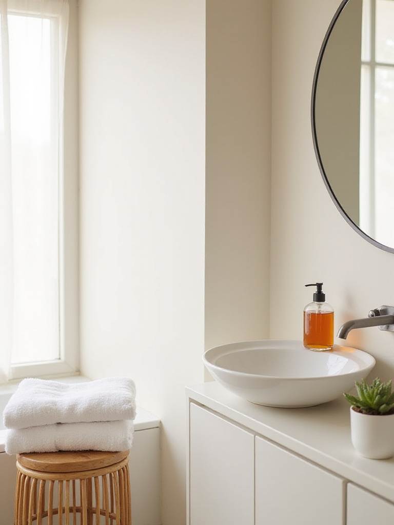 Modern bathroom with affordable decor accents like bamboo stool, glass soap dispenser, and succulent.