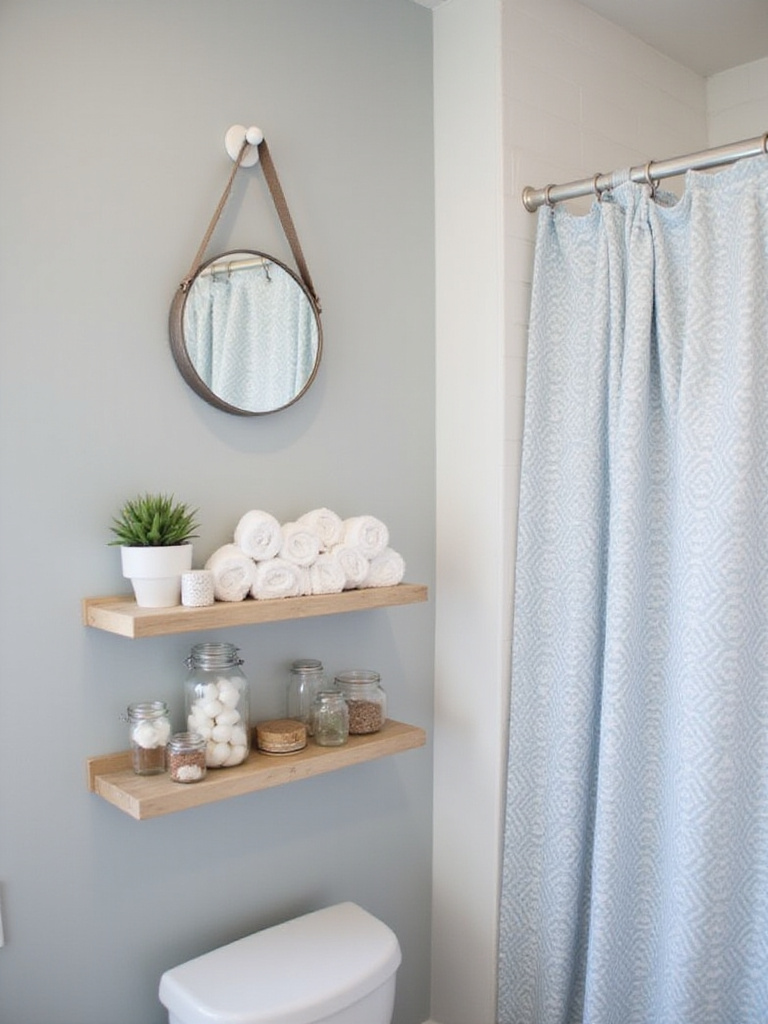 Budget-friendly bathroom accessories including rolled towels, succulent, and mason jar storage.
