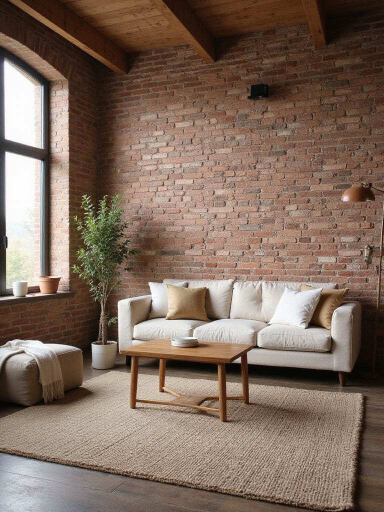 Living room with faux brick wallpaper feature wall