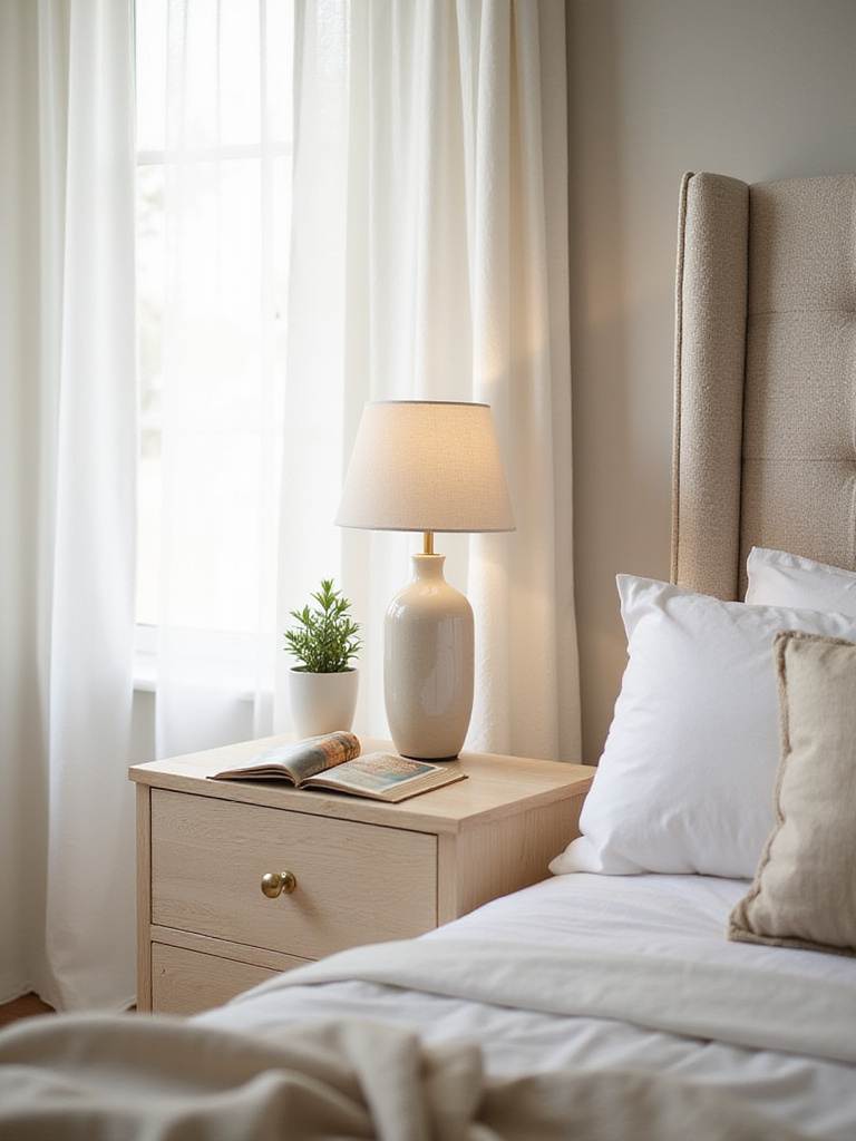Serene master bedroom with a decluttered nightstand featuring a lamp, succulent, and book.