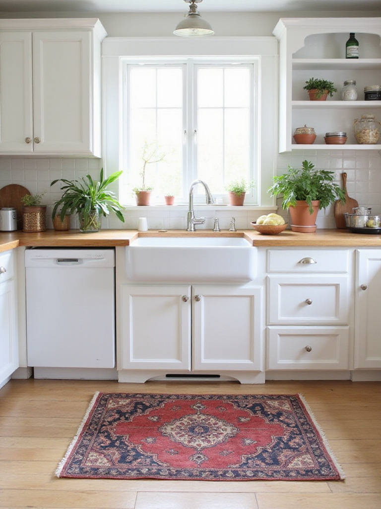 Cottage kitchen with white cabinets and a vintage Persian runner rug in front of the sink.