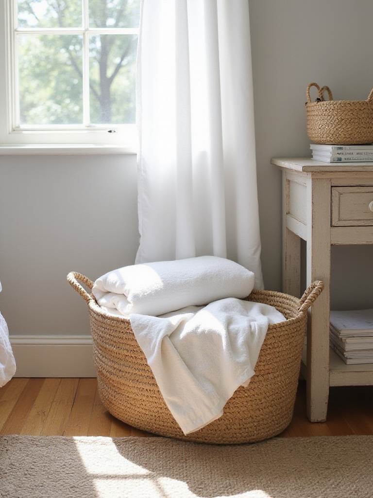Woven baskets adding texture and storage to a farmhouse bedroom