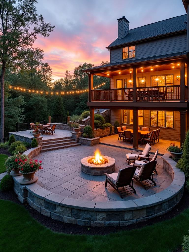 Multi-level backyard patio design with dining area, fire pit, and lush landscaping.
