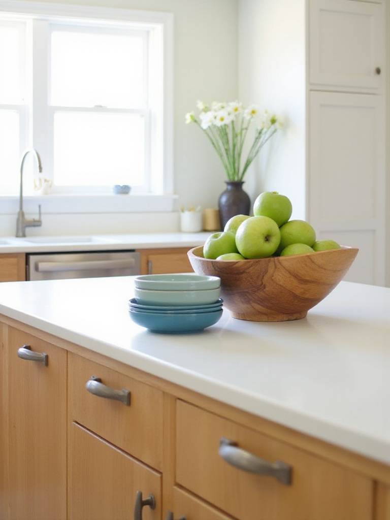 Kitchen island decorated with wooden bowl filled with apples and a stack of blue ceramic bowls.