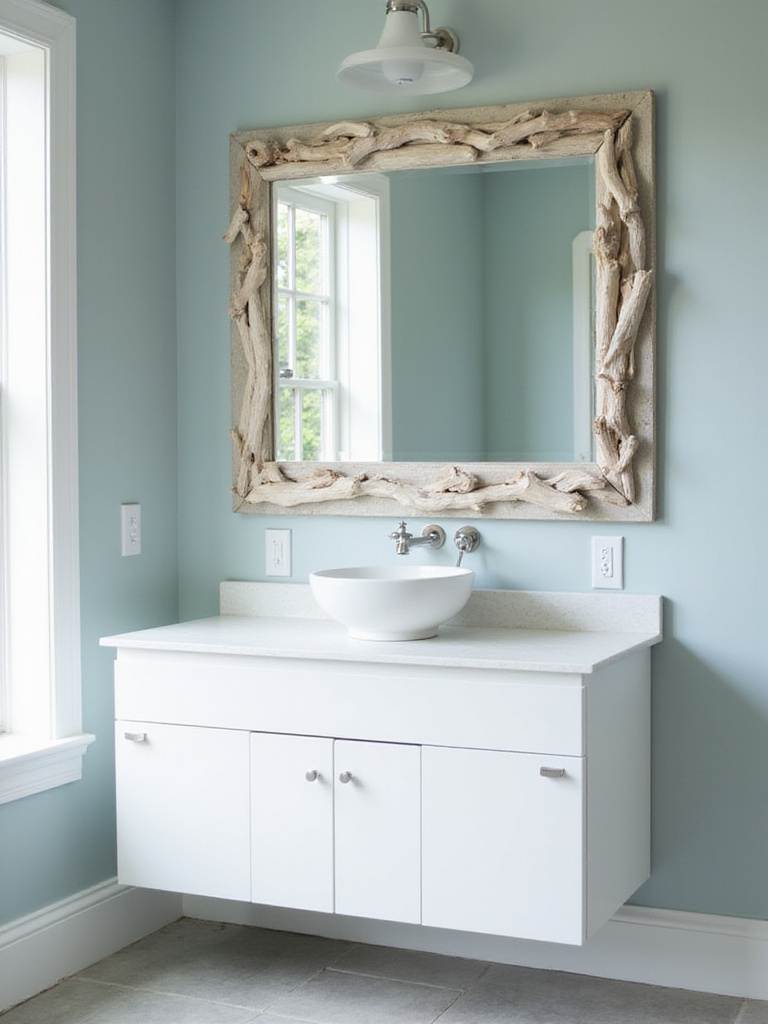 Coastal bathroom with driftwood mirror frame and soft blue walls