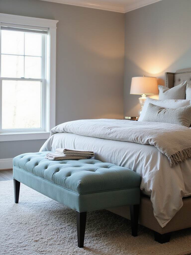 Master bedroom with a stylish teal upholstered bench at the foot of the bed