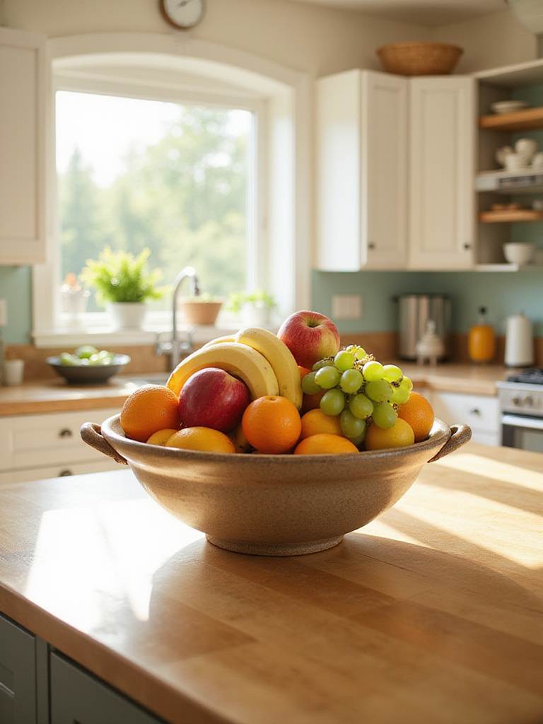 Vibrant fruit bowl on a kitchen island adding a pop of color