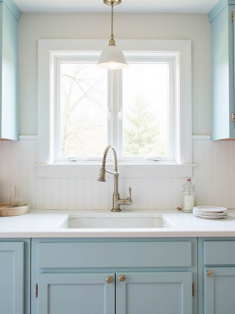 Cottage kitchen with white beadboard backsplash