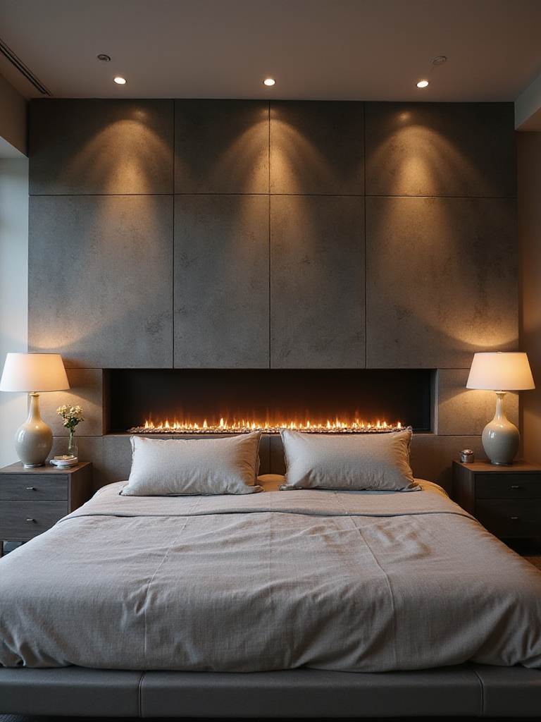 Modern master bedroom with a sleek linear gas fireplace providing warmth and ambiance.