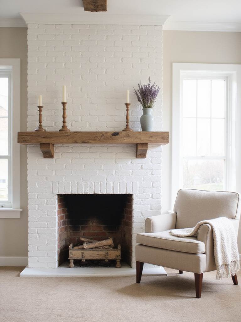 Farmhouse bedroom with a cozy white brick fireplace and reclaimed wood mantel