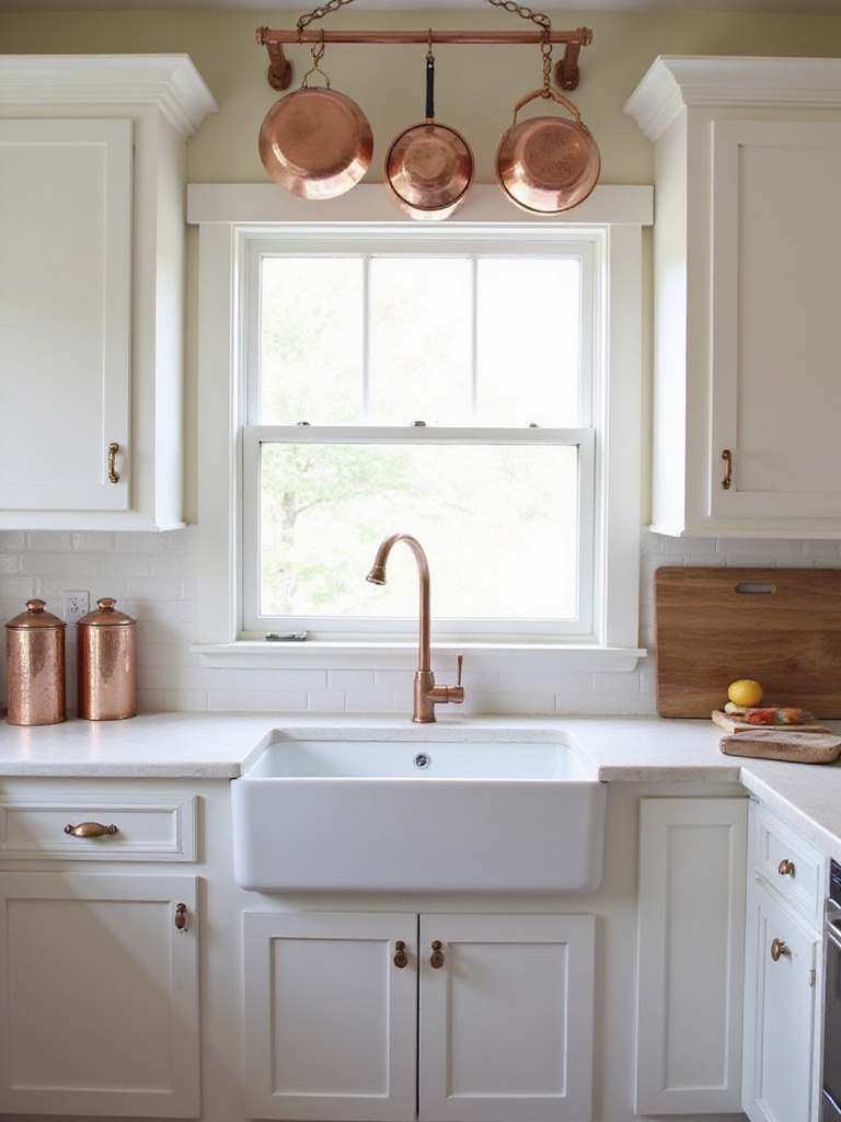 Cottage kitchen with white cabinets and copper accents, including a faucet, pot rack, and canisters.