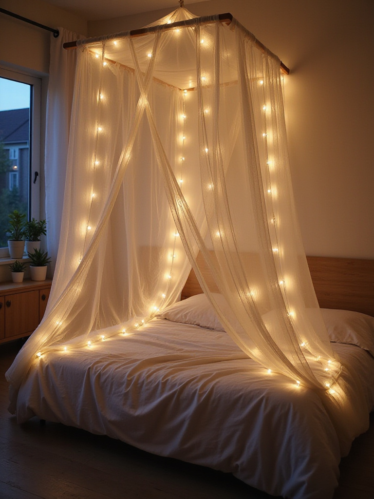 Bedroom with string lights draped across a canopy bed creating a dreamy ambiance