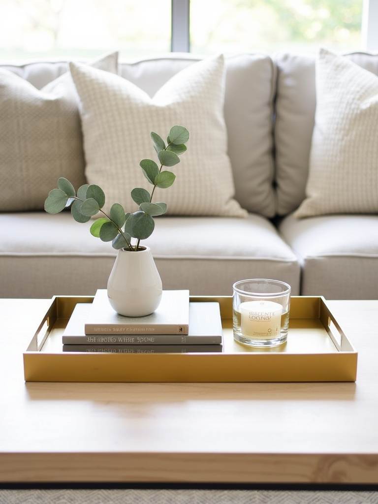 Stylish coffee table with gold tray featuring books, vase, and candle.