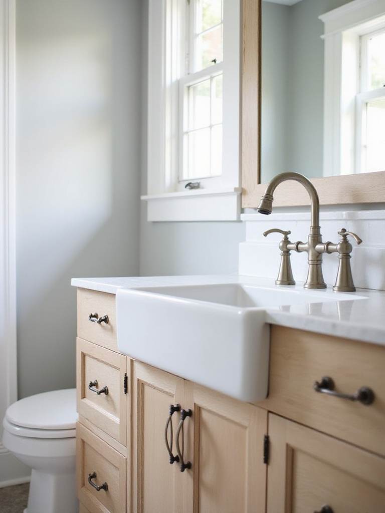 White fireclay apron-front sink in a farmhouse bathroom