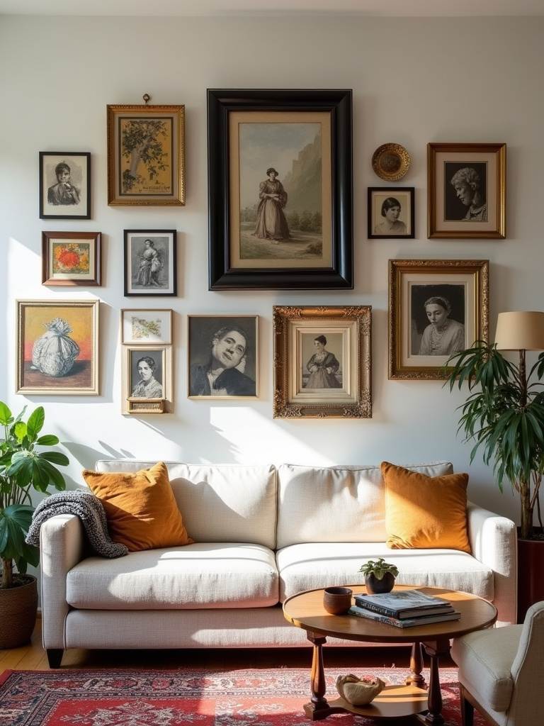 Eclectic living room with a gallery wall featuring diverse art styles and frames.