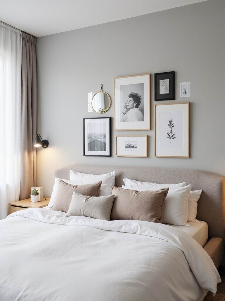 Modern bedroom with a gallery wall featuring black and white photography and minimalist art.