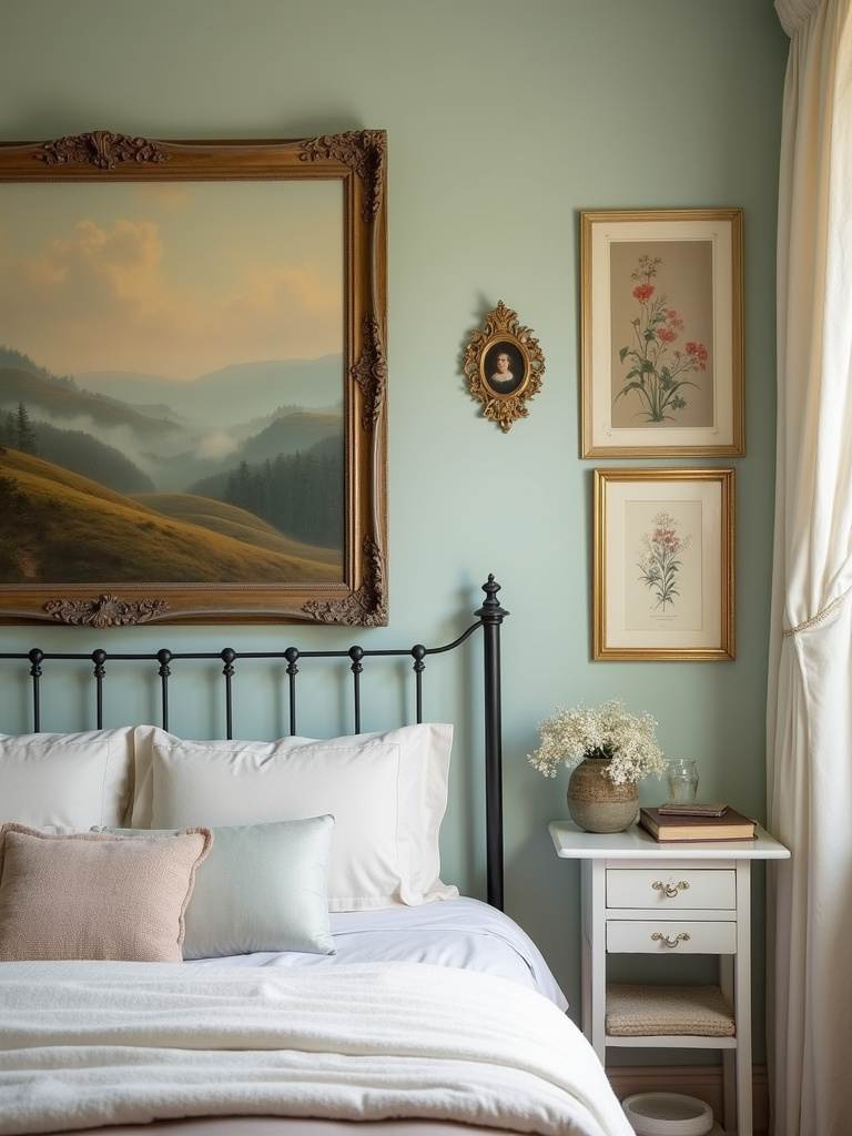 Vintage bedroom with landscape painting and botanical print gallery wall