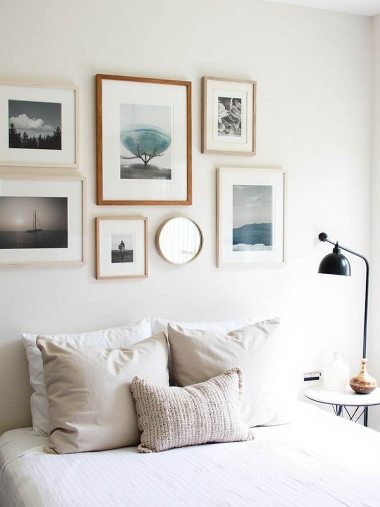 Bedroom gallery wall featuring a curated mix of art prints, photographs, and a decorative mirror above a bed with white linen bedding.
