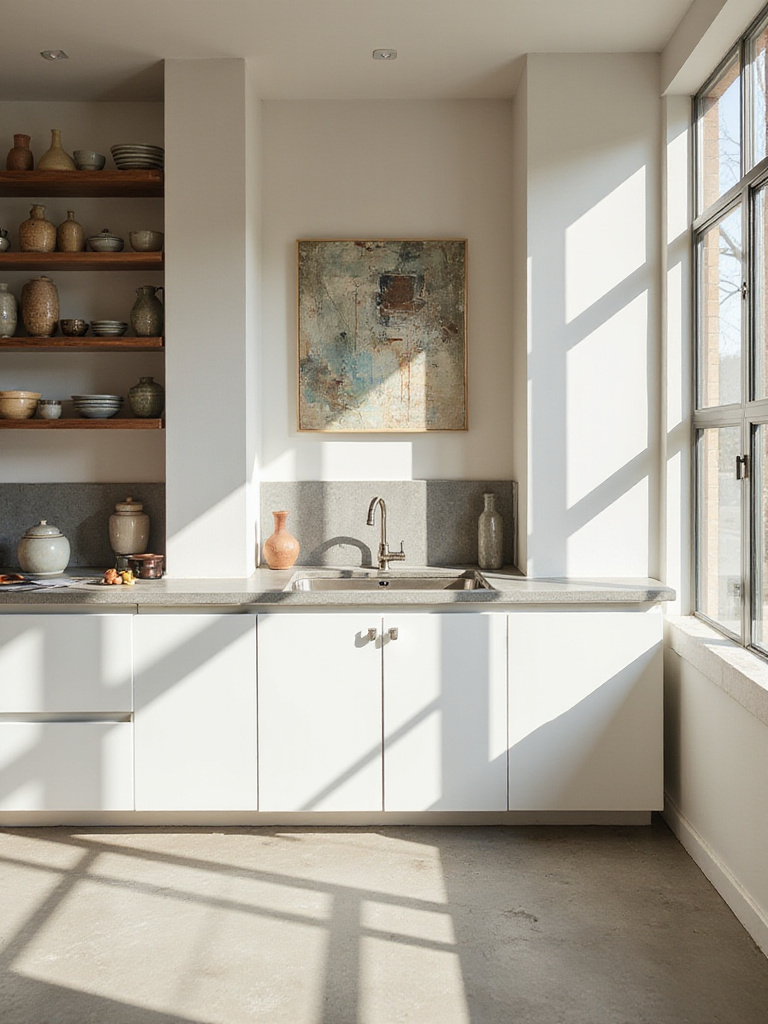 Modern kitchen with abstract art, vintage ceramics, and open shelving