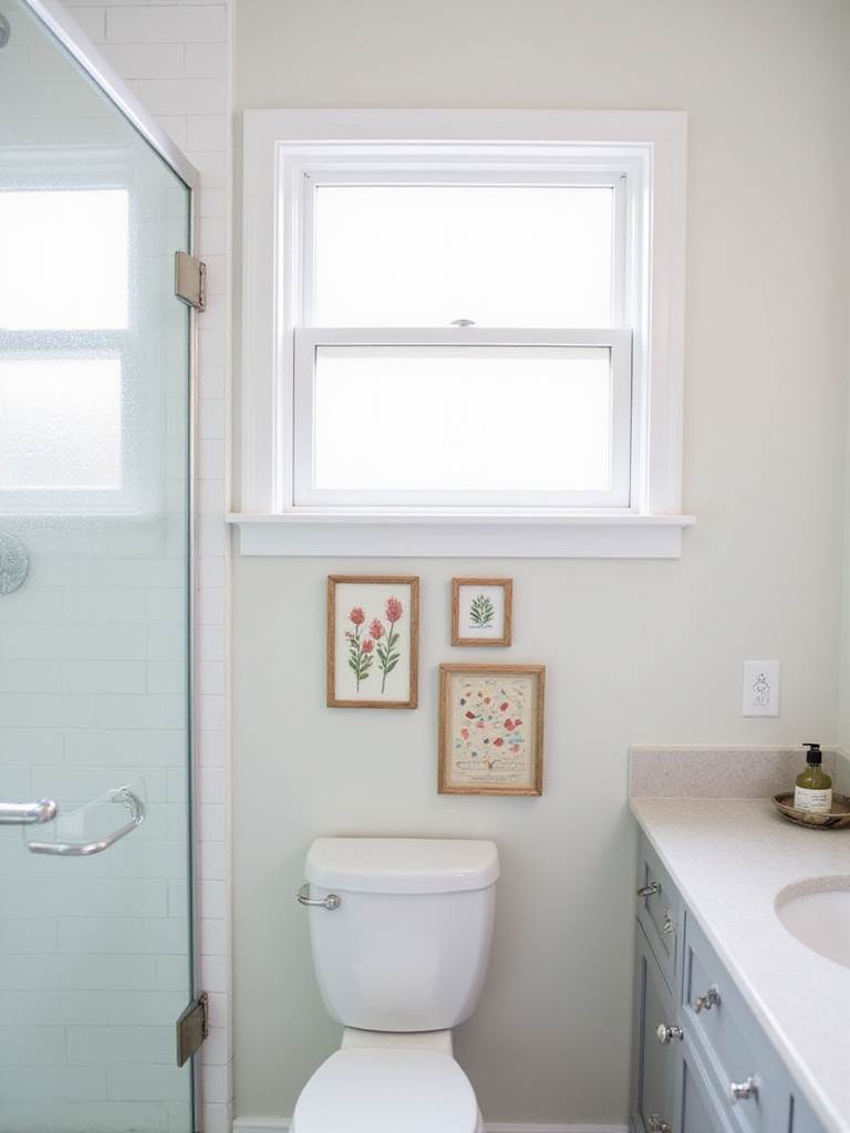 Bathroom with DIY gallery wall featuring pressed flowers, paint chips, and a nautical chart.