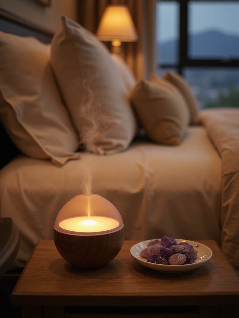 Soothing scents from a diffuser on a nightstand in a relaxing master bedroom.