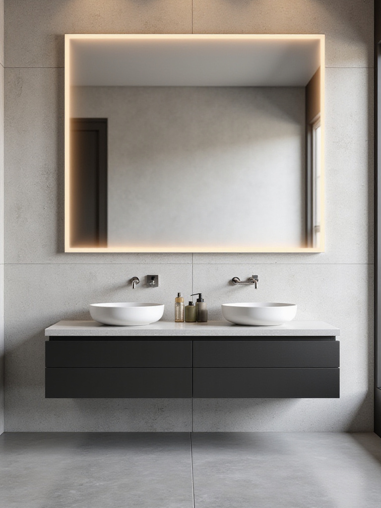 Modern bathroom with a large rectangular backlit mirror above a double vanity.