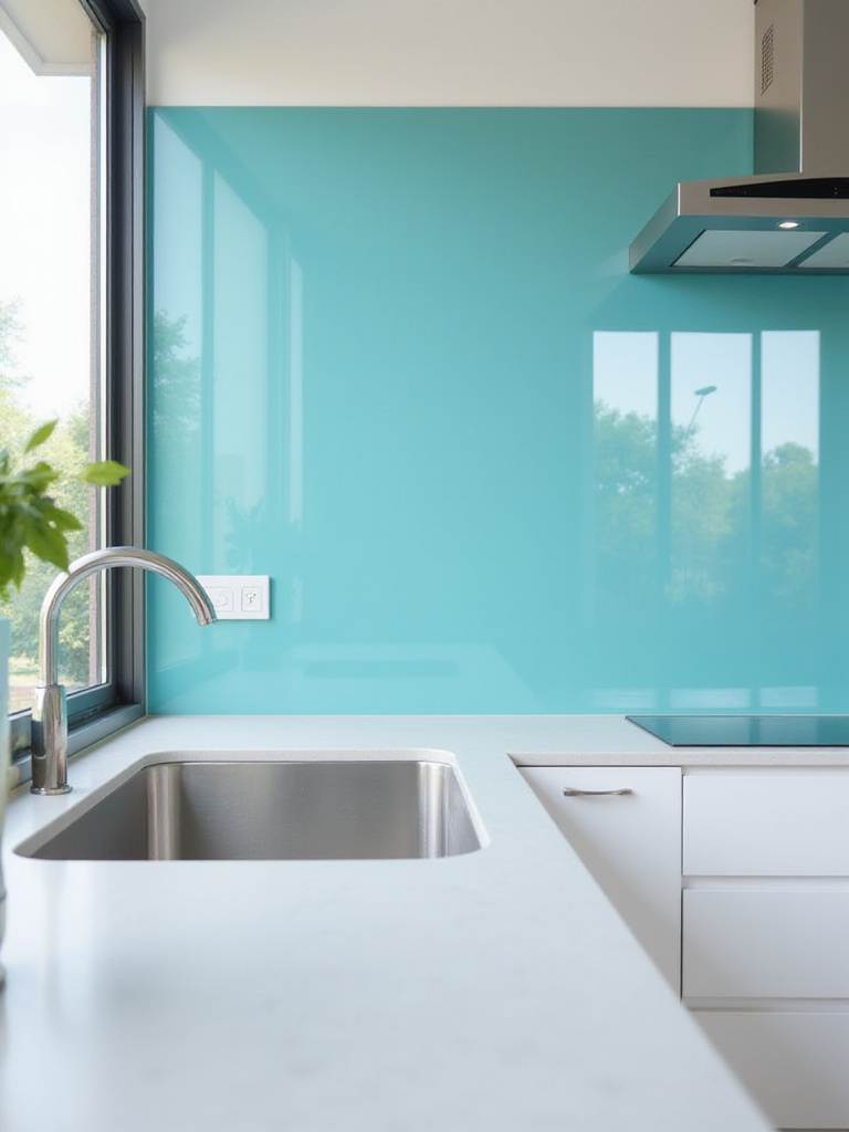 Modern kitchen with turquoise backpainted glass backsplash reflecting natural light.