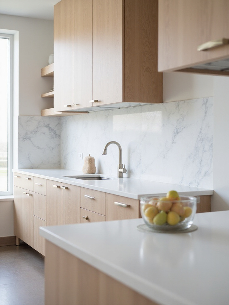 Modern kitchen with light wood cabinets, white quartz countertops, and a light grey marble slab backsplash.