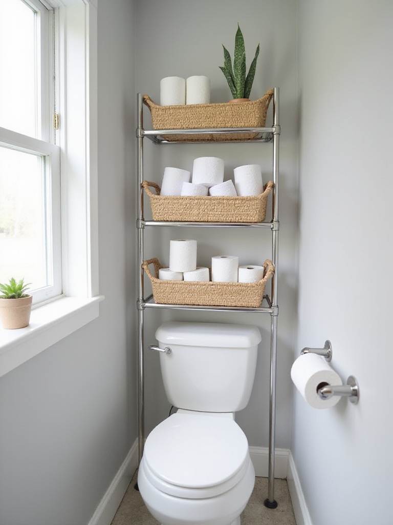 Bathroom over-toilet shelving unit with stylish seagrass and white plastic baskets holding towels, toilet paper, and plants.
