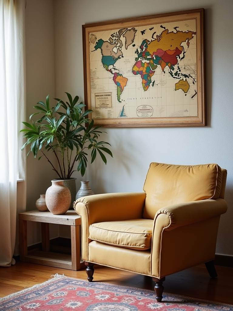Eclectic living room featuring vintage armchair with worn armrests, mismatched ceramic vases, and a faded antique map, celebrating imperfections and character.