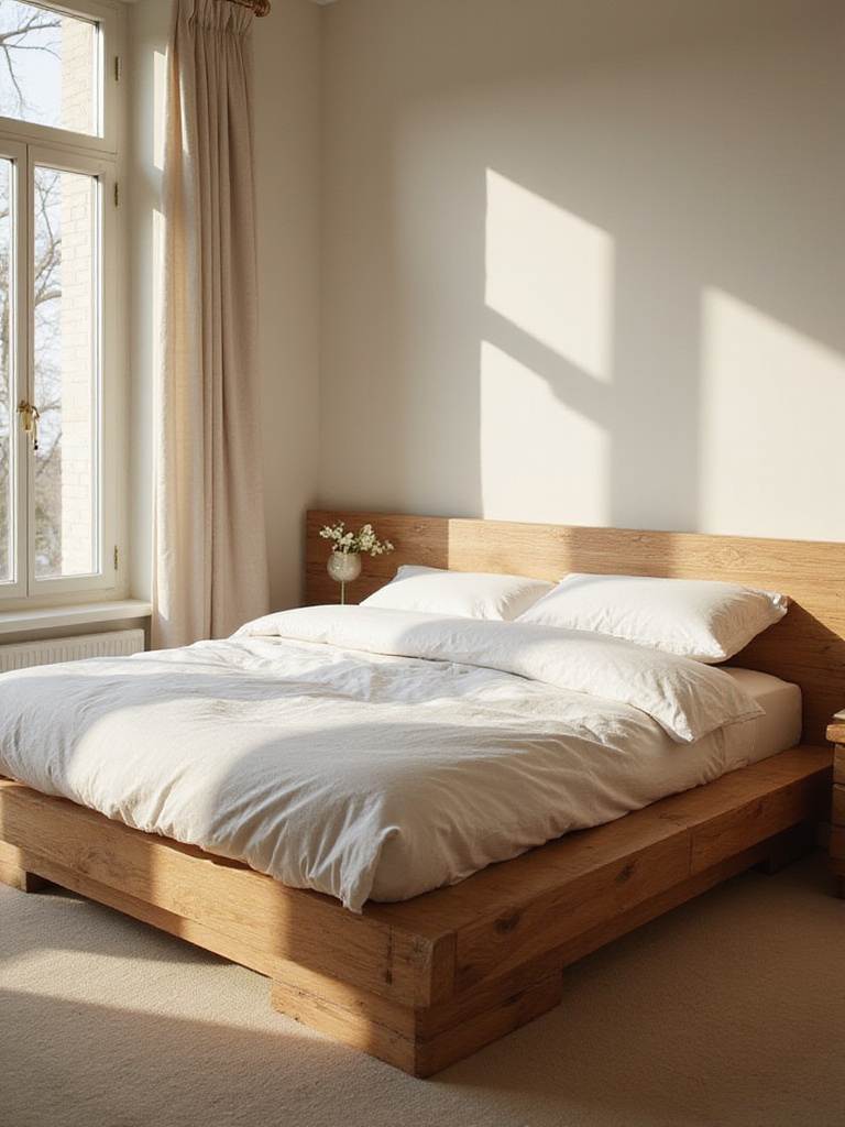 Bedroom featuring a natural wood bed frame with white linens and minimalist decor.