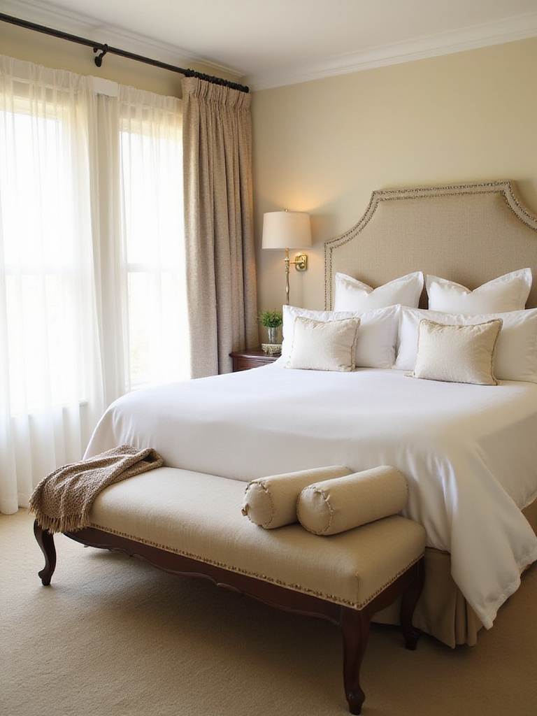 Bedroom with upholstered bench at the foot of the bed.