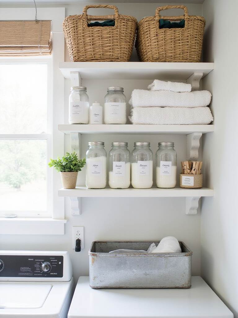 Stylish laundry room featuring woven baskets, clear acrylic containers, and metal bins for organized storage.