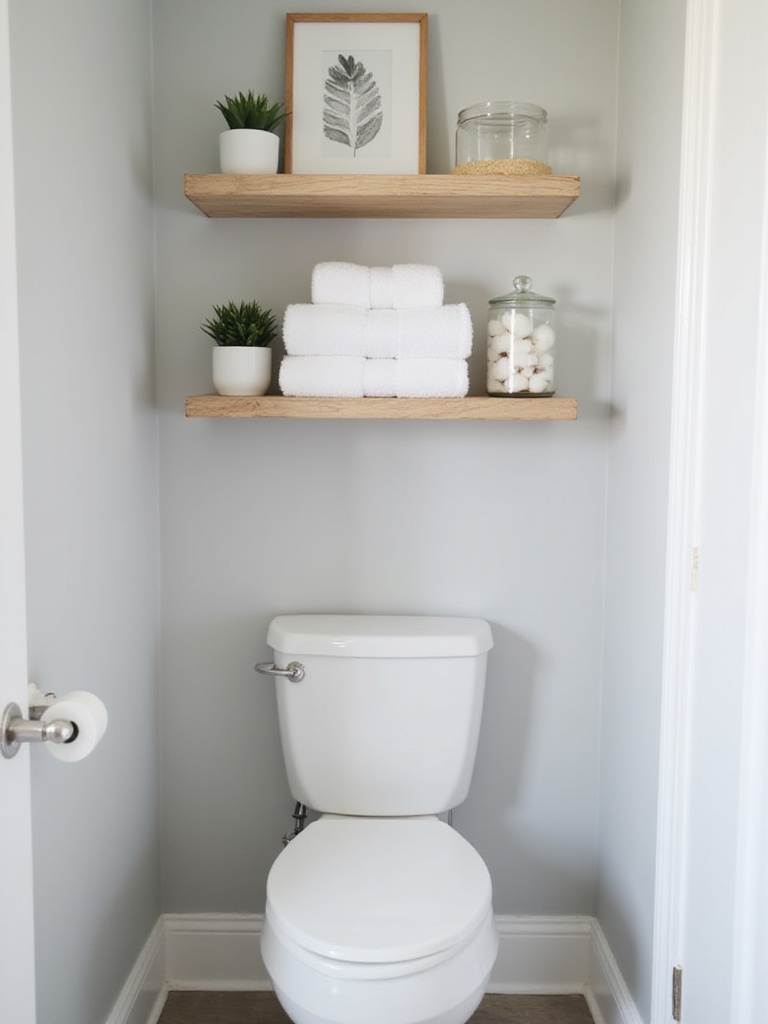 Stylish wooden over-toilet shelves with decorative towels, plant, and artwork in a modern bathroom.