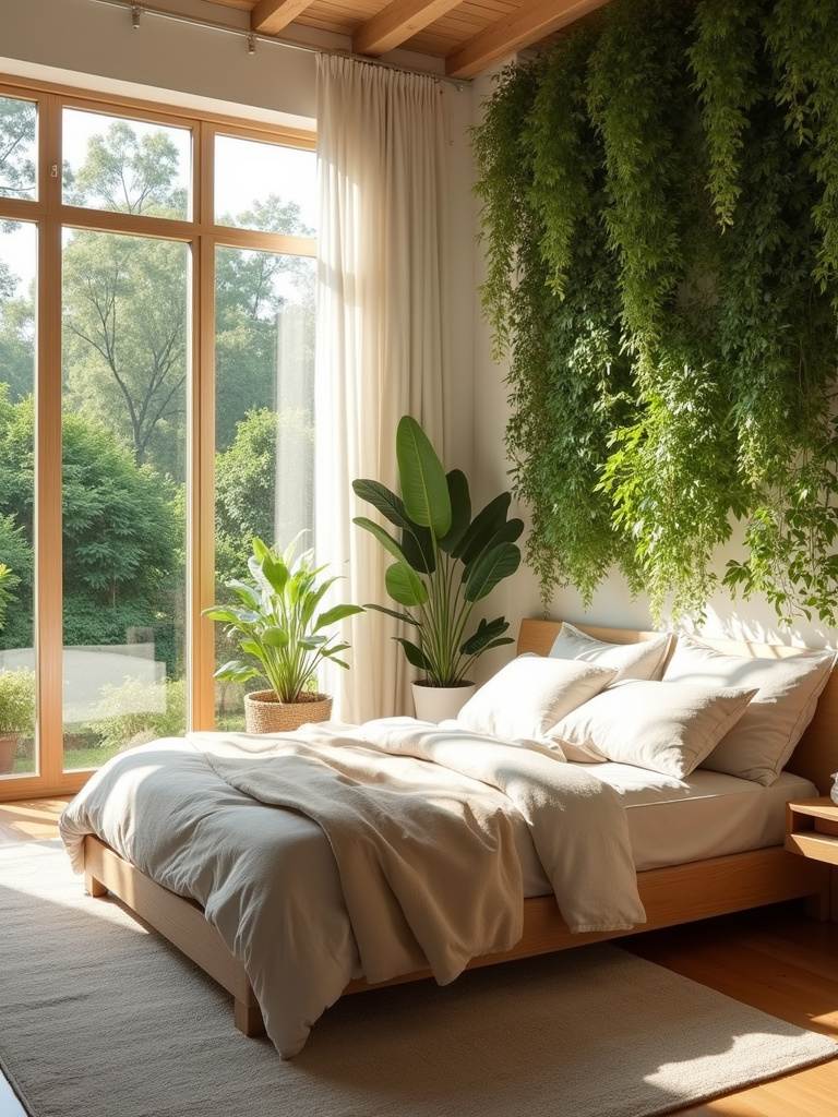 Biophilic bedroom design with plants, natural light, and wood furniture