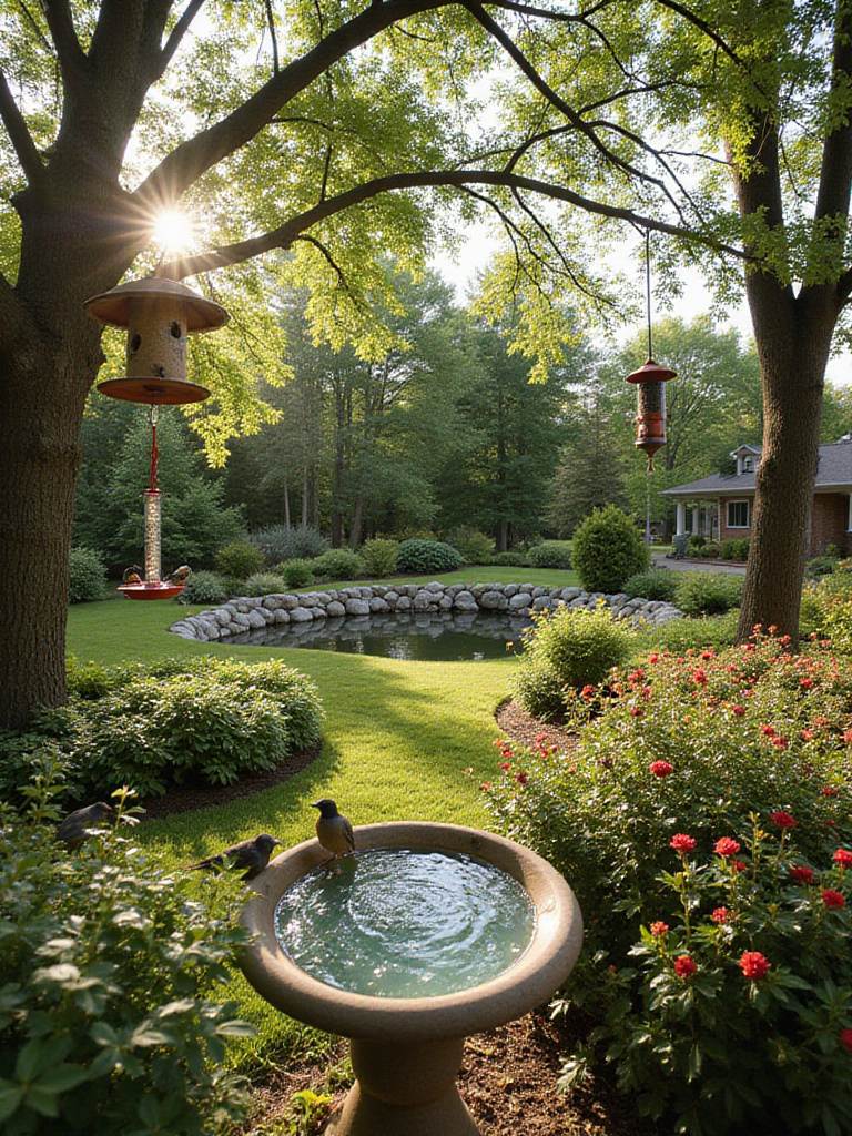 Bird-friendly backyard garden with feeders, birdbath, native plants, and pond.