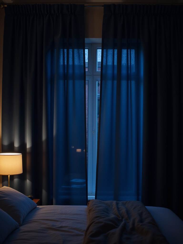 Dark blue velvet blackout curtains creating a peaceful sleep environment in a bedroom.