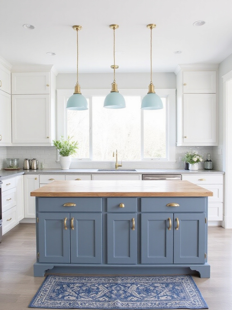 Modern kitchen with white cabinets, gray countertops, and a navy blue kitchen island with light blue pendant lights