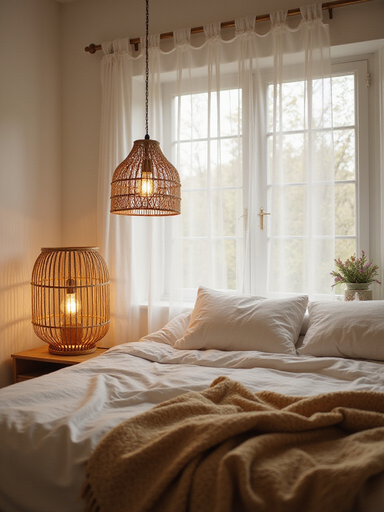 Bohemian bedroom with rattan table lamp and woven pendant light.