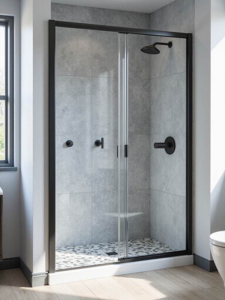 Modern bathroom with a black framed shower enclosure and geometric tile.