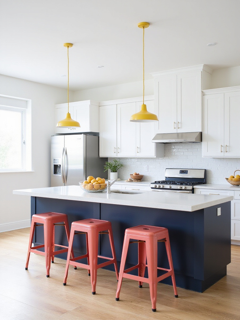 Modern kitchen with white cabinets, navy island, and coral bar stools